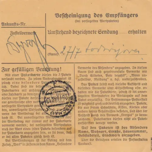 GG: Inlandspaketkarte Sanok - Warschau, 60Gr MeF