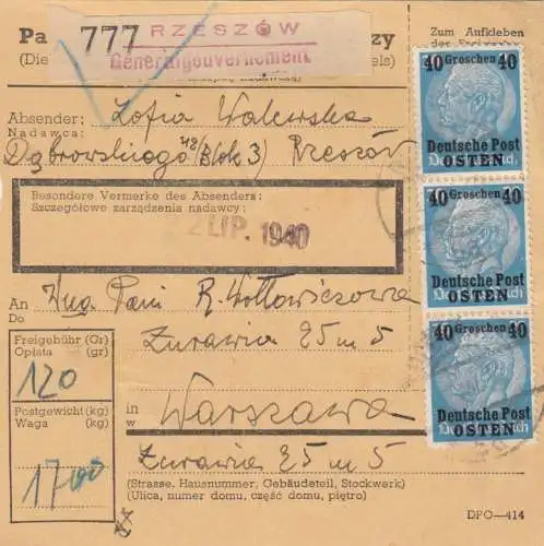 GG: Carte de paquet intérieurRzeszow-Warschau - MeF 40Gr, BPP Signature