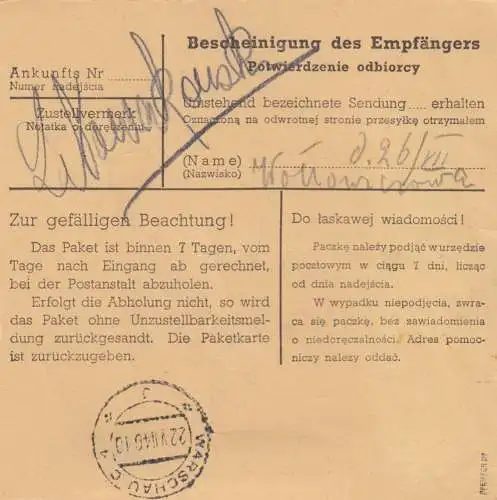 GG: Carte de paquet intérieurRzeszow-Warschau - MeF 40Gr, BPP Signature