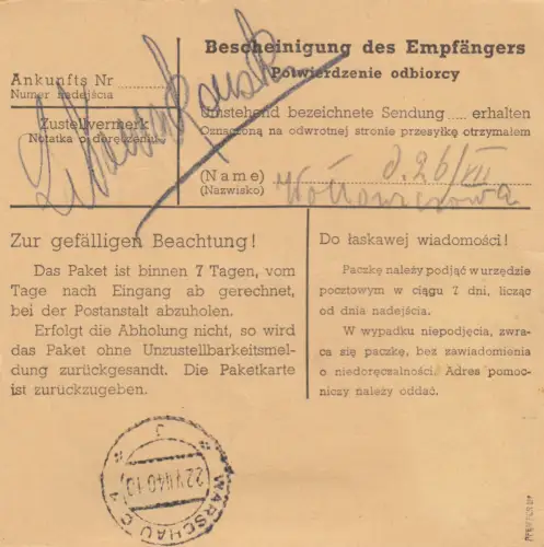 GG: Carte de paquet intérieurRzeszow-Warschau - MeF 40Gr, BPP Signature