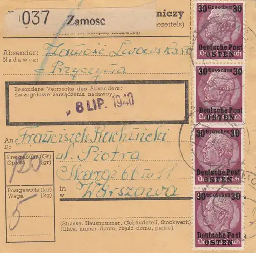 GG: Carte de paquet intérieur Zamosc - Varsovie, MeF 30Gr, BPP Signature