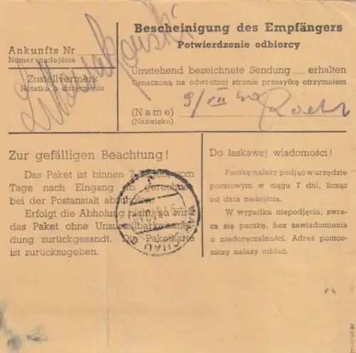 GG: Carte de paquet intérieur Zamosc - Varsovie, MeF 30Gr, BPP Signature