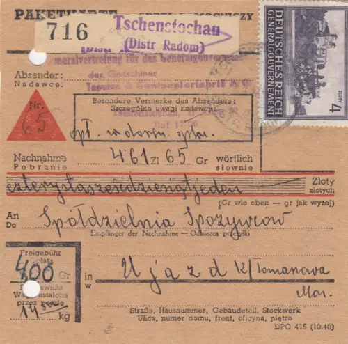 GG: Carte de colis intérieur Tschenstochau - Ujazd, Achat, Singlefrankatur 4 Zloty