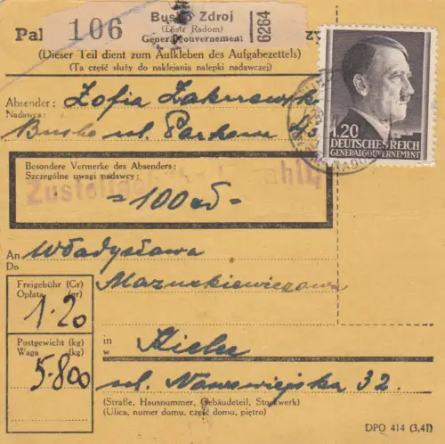 GG: Carte de colis intérieur Busko Zdroj, valeur ouverte selon Kielce, EF Min. 87A