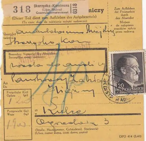 GG: carte de paquet intérieur Scarkarysko-Kamienna-kielce, numéro 87A EF