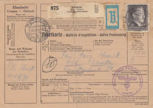 GG: Auslandspaketkarte Petrikau - FPNr. 44870 - nach Hof, Beutelpost, EF 87B