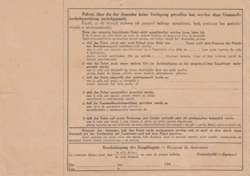 GG: Carte de paquets internationaux Petrikaum - FPn° 44870 - par cour, poste de poche, EF 87B