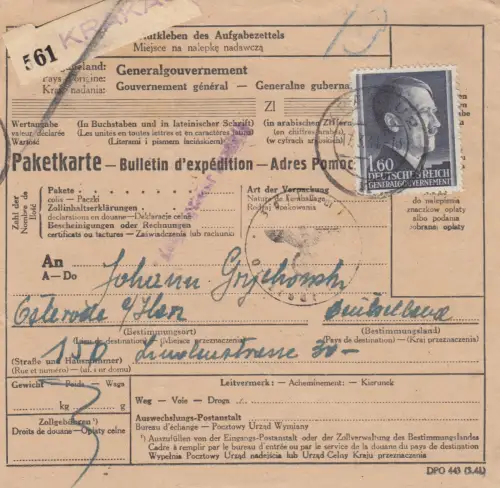 GG: Auslandspaketkarte Krakau - Osterode Harz, MiNr. 88A, EF