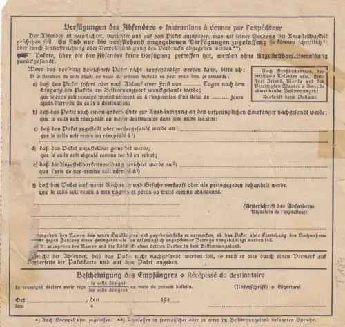 GG: Auslandspaketkarte Chelm, deutsches Formular, MiF #38, Bug/Riss unten