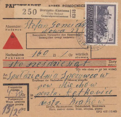 GG: Carte de colis intérieur Skarcysko-Kamienna, livraison - Mikhov-Letkovice, MiF