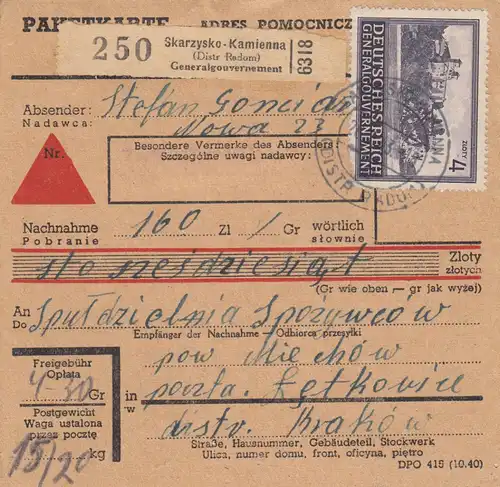 GG: Inlandspaketkarte Skarzysko-Kamienna, Nachnahme - Michow-Letkowice, MiF