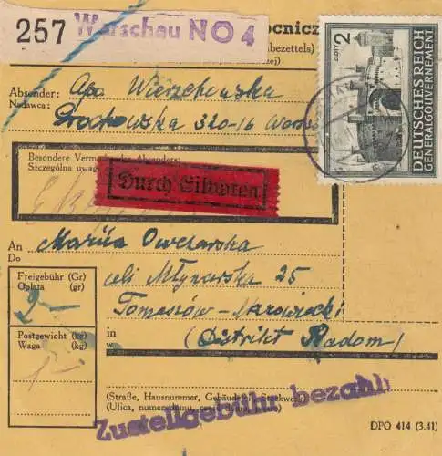 GG: carte de colis intérieur Varsovie-Tomaszow, Eilboten, Mi Nr. 113, EF