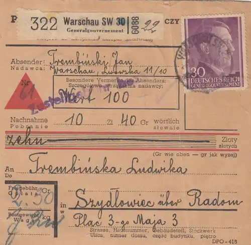 GG: Inlandspaketkarte Warschau-Szydlowiec, Nachnahme, Lagergebühr, offener Wert