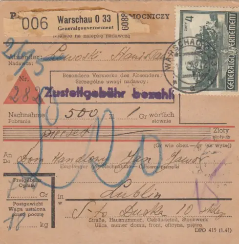 GG: carte de colis intérieur Varsovie-Lublin, frais de stockage, 18 kg, réduction