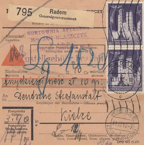 GG: Carte de colis intérieur Radom - Kielce, timbre à rouleaux, frais de stockage, remboursement
