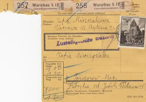 GG Inlandspaketkarte Warschau, 2 Pakete Warschau -Tomaszow