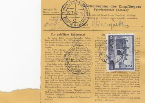 Carte de colis intérieur GG Varsovie, 2 paquets Varsovie - Tomaszow