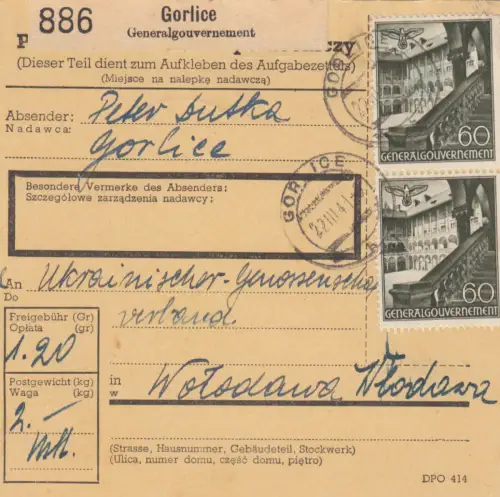 GG Inlandspaketkarte Gorlice - Wlodawa mit schöner MeF 60Gr.