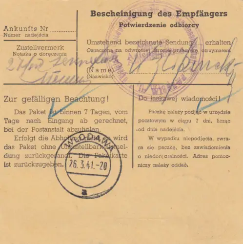 GG Inlandspaketkarte Gorlice - Wlodawa mit schöner MeF 60Gr.