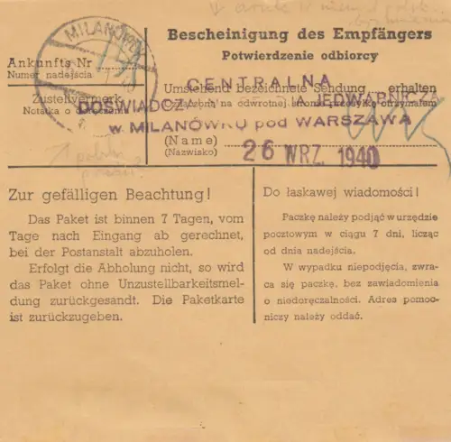 GG Inlandspaketkarte Jaslany nach Milanowek, MeF 40 Gr.