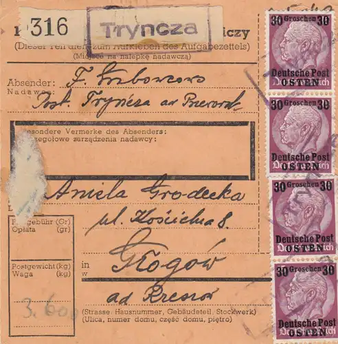 GG Inlandspaketkarte Tryncza - Glogow, MeF 30 Gr.
