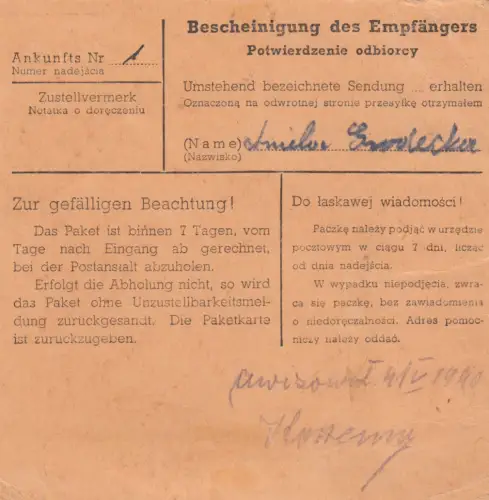 Carte de colis intérieur GG Tryncza - Glogow, MeF 30 Gr.