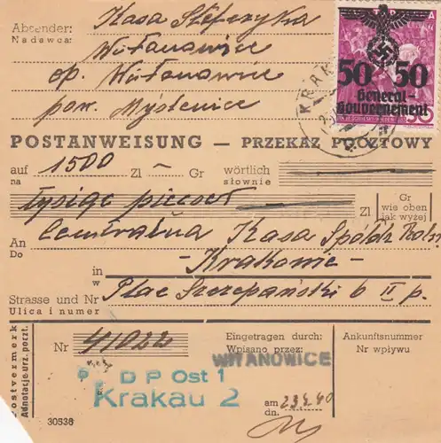 Postanweisung Witanowice-Krakau MeF 50Gr. Marke mit Prüfung Geld angeschnitten