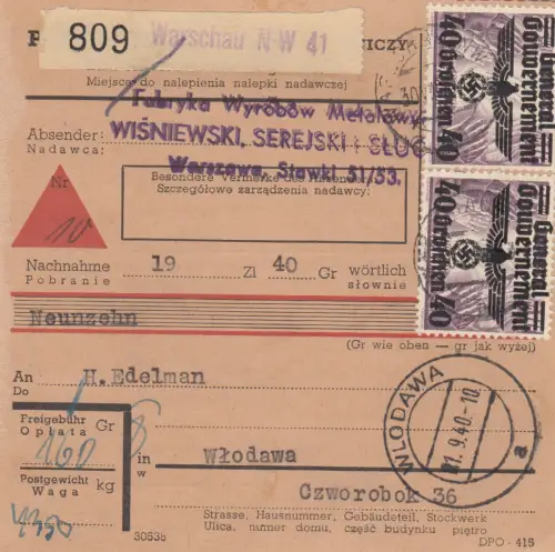 Carte de colis intérieur GG Varsovie-Wlodawa, MeF 40Gr., Acceptation