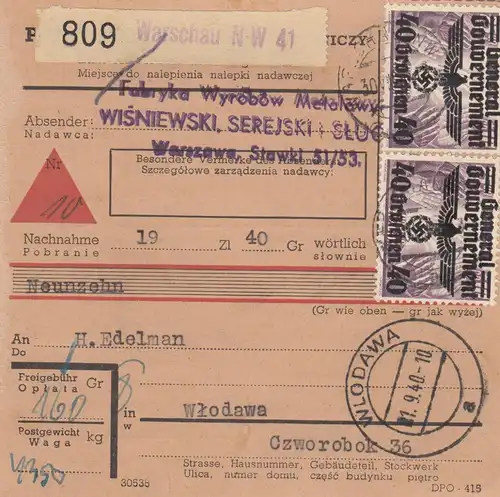GG Inlandspaketkarte Warschau-Wlodawa, MeF 40Gr., Nachnahme