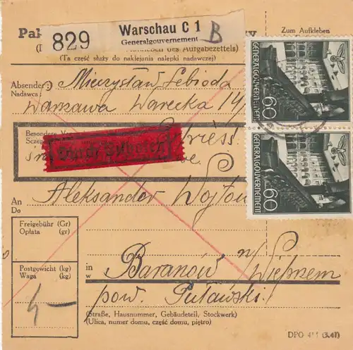 GG Inlandspaketkarte Warschau als Eilboten nach Baranow, MeF