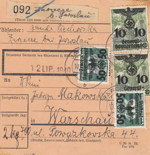 GG Inlandspaketkarte Zarzecze-Warschau, seltene MiF (#35)