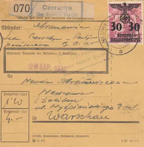 GG Inlandspaketkarte Czorsztyn nach Warschau, MeF 30Gr