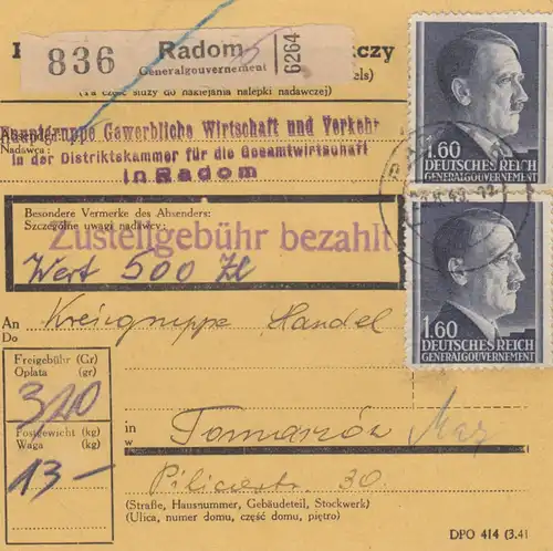 Carte de paquet intérieur GG Radom, valeur ouverte selon Tomaszow, MeF #88A