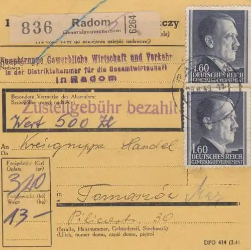 Carte de paquet intérieur GG Radom, valeur ouverte selon Tomaszow, MeF #88A