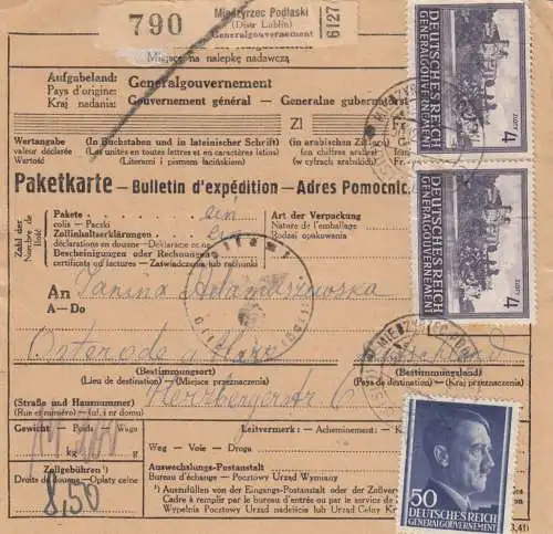 Carte de paquets internationaux GG Miadzyrzec Podlaski - Osterode, MiF 4 Zloty