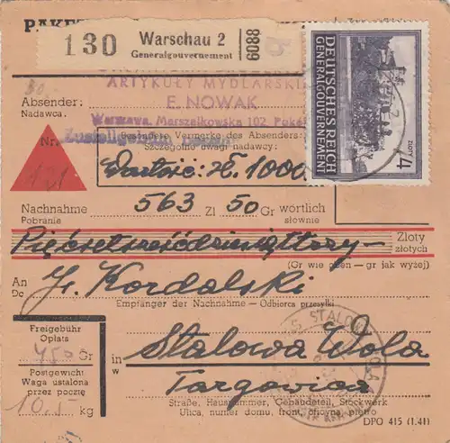GG Inlandspaketkarte Warschau NN, Wertangabe nach Stalowa Wola