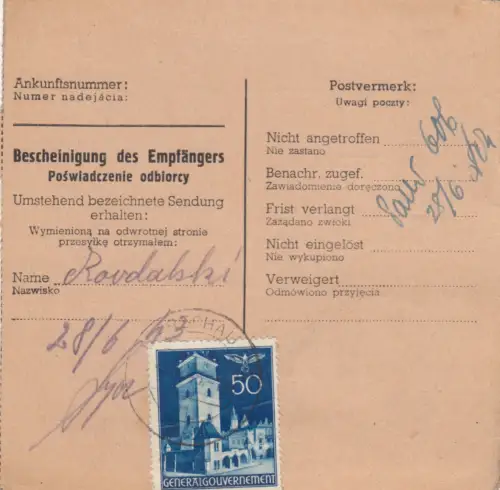 Carte de colis intérieur GG Varsovie NN, valeur indiquée par Stalowa Wola