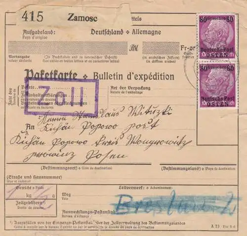 Carte de paquets internationaux GG Zamosc - Poznan, 80Gr. MeF