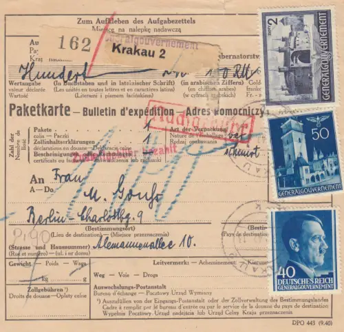 GG Auslandspaketkarte Krakau-Berlin, Verzollung 100 Gr. statt 80Gr