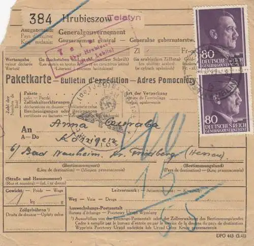 Carte de colis international GG Hrubieszow/Telatyn - Bad Nauheim, MeF