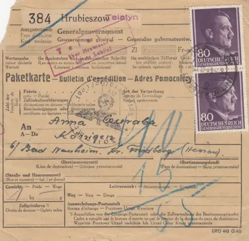 Carte de colis international GG Hrubieszow/Telatyn - Bad Nauheim, MeF