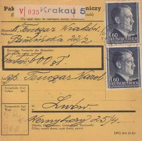 Carte de colis intérieur GG Cracovie - valeur - selon Lemberg, MeF #88A