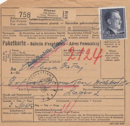 Carte de colis GG internationale Glowno-Erfut/Stager, EF #88A