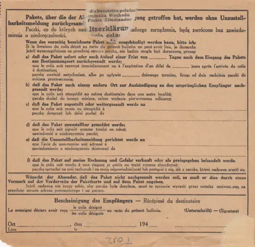 Carte de colis GG internationale Glowno-Erfut/Stager, EF #88A