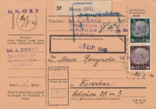 Carte de paquet intérieur GG Mrozy - Varsovie - Faux communiqué