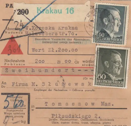 Carte de paquet intérieur GG NN Valeur Cracovie 16 - Tomaszow