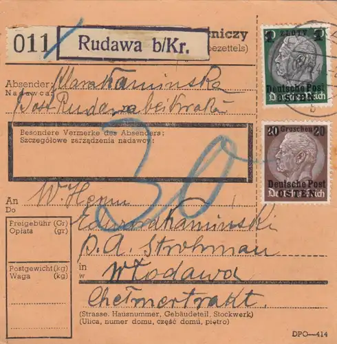 Carte de paquet intérieur GG Rudawa-Wlodava, signature BPP, frais supplémentaires