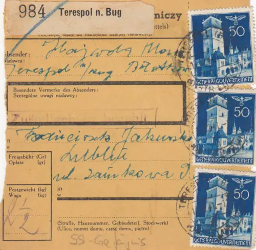 GG: Judaika: Paketkarte Terespol n. Bug an Spezial-Gefängnis in Lublin