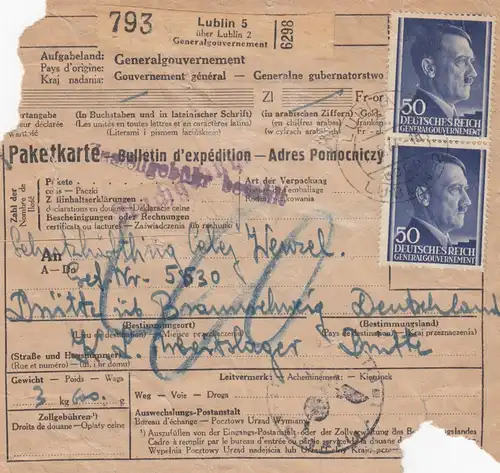 GG: Judaika: Paketkarte Lublin an KZ-Arbeitslager Drütte/Braunschweig
