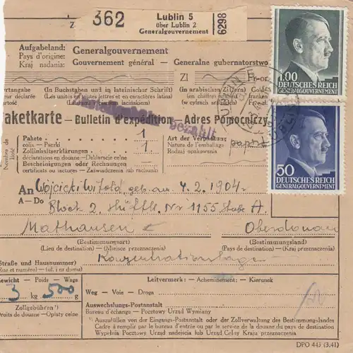 GG: Judaika: Carte de colis Lublin à KZ Mauthausen